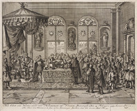 KG 16646
<br/>
'Het Edict van Nantes werd door Hendrik de Vierde Bevestight, den 25 februari 1599, binnen Parijs.'
<br/>
<em>Luyken, Jan (1649-1712)</em>